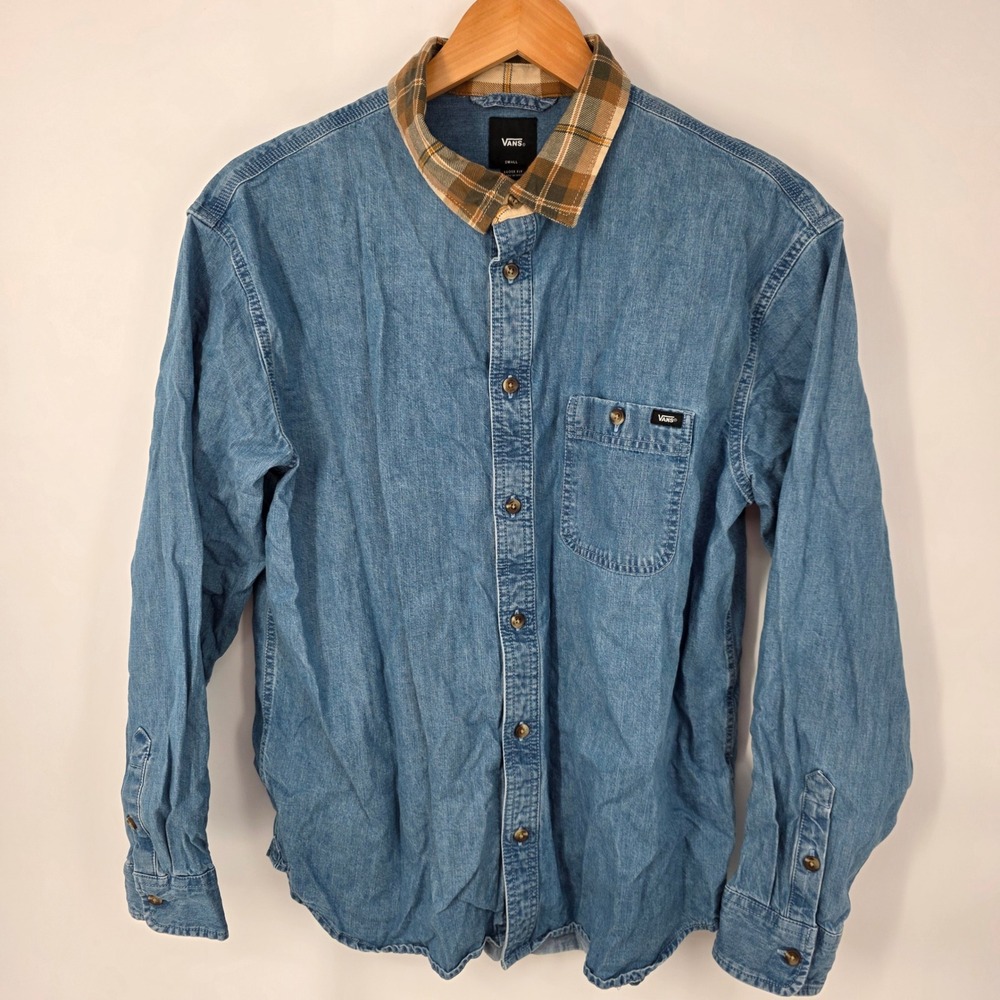 Vans Button Up Shirt Mens Small Denim Blue Plaid‎ Collar Casual Loose Fit Skate - Picture 2 of 8